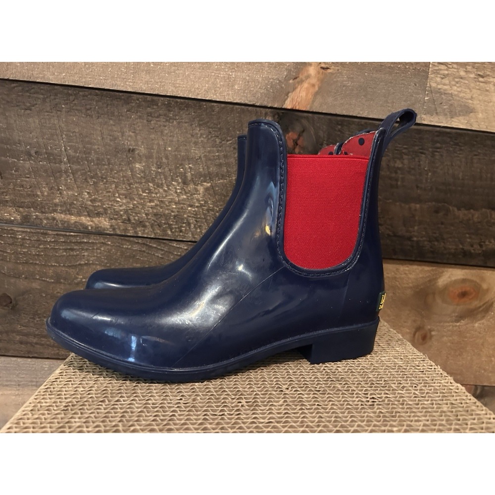 Lauren Ralph Lauren Tally Blue Red Rubber Shinny Rain Ankle Boots Size‎ 6